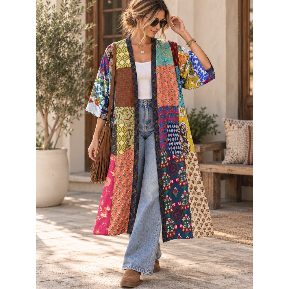 Unbranded Patchwork Boho Duster Kimono Robe Women OS Multi-Color